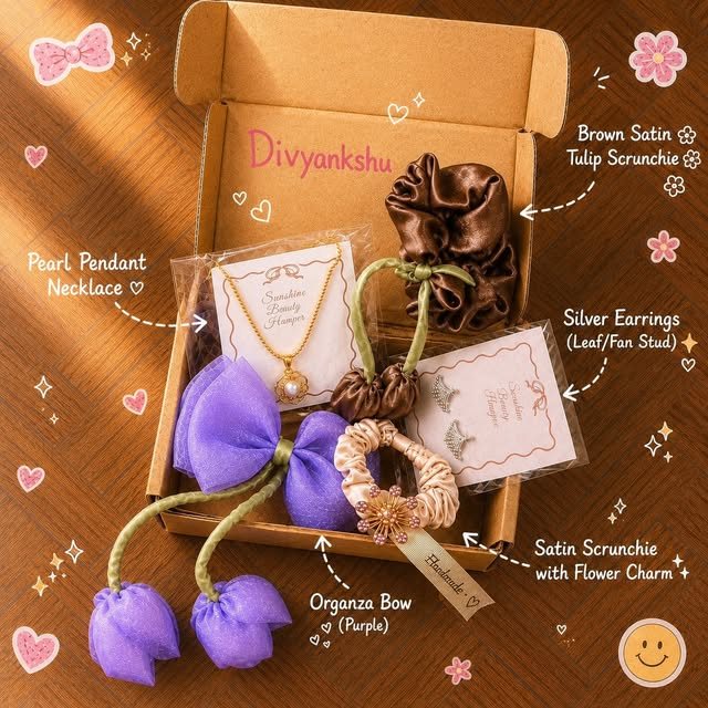 Divyankshu's hamper: pearl pendant, satin scrunchies, organza bow, silver earrings